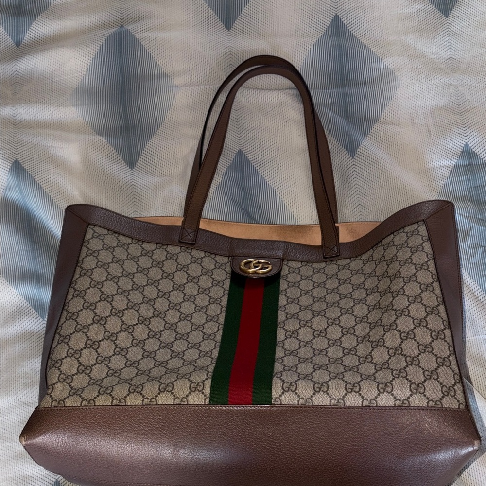 Gucci Ophidia GG  Beige and Brown Monogram Tote with Green and Red Stripe